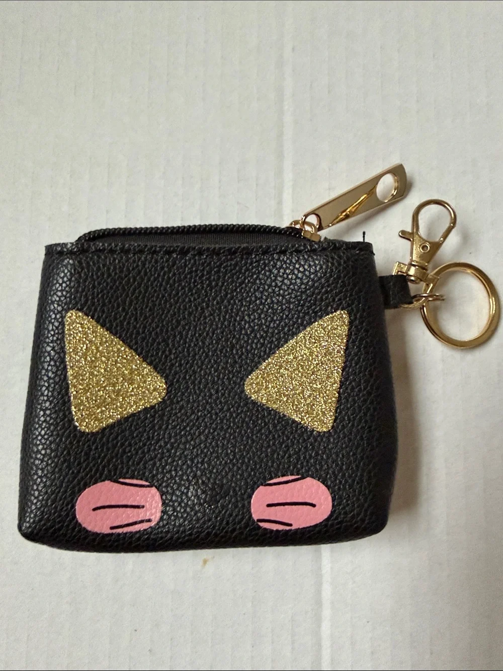 Kids Black Coin Purse with Gold Glitter Ears and Pink Cheeks